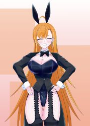 1girl :d ahoge animal_ears assault_lily asymmetrical_bangs black_bow black_bowtie black_leotard black_shrug black_thighhighs black_vest blonde_hair blue_nails blush bow bowtie breasts cleavage closed_eyes commentary_request cowboy_shot detached_collar ear_piercing earrings facing_viewer fake_animal_ears fingernails garter_straps gradient_background grin groin hands_on_own_hips highleg highleg_leotard highres jewelry kariya_higure large_breasts leotard long_fingernails long_hair long_sleeves multicolored_hair nail_polish open_mouth orange_background orange_hair piercing pink_background playboy_bunny rabbit_ears rectangle shrug_(clothing) single_earring smile solo standing strapless strapless_leotard streaked_hair thigh_gap thighhighs toremo_rin underbust v-shaped_eyebrows very_long_hair vest