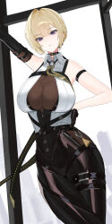 1girl arm_strap arm_up bare_shoulders black_choker black_pants blonde_hair breasts chest_harness choker cleavage collared_shirt commentary dutch_angle elbow_gloves evelyn_chevalier gloves hair_up half_gloves hand_on_own_stomach harness high-waist_pants highres large_breasts mole mole_under_eye necktie pants purple_eyes see-through_cleavage see-through_clothes shirt single_elbow_glove single_half_glove sleeveless sleeveless_shirt solo standing tassel tight_clothes tight_pants uneven_bangs white_shirt yellow_necktie zenless_zone_zero zipper_pull_tab zombieleg