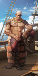 1boy abs afk_(series) afk_journey arm_tattoo bara biceps black_shoes blue_sky boots cloud cloudy_sky clydechristy cross_scar erection fade_(haircut) gold_necklace grin hand_on_own_penis highres jewelry looking_at_viewer lucca_(afk) male_focus muscular muscular_male navel necklace nipples on_barrel paid_reward_available pants pectorals penis pirate_ship red_pants scar scar_on_face shoes sitting sky smile tattoo testicles topless_male white_hair