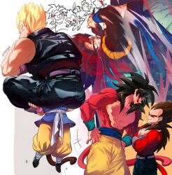 3boys age_difference black_hair body_fur child dougi dragon_ball dragon_ball_gt fusion fusion_dance gogeta hands_on_own_hips height_difference lifting_person monkey_boy monkey_tail multiple_boys muscular muscular_male ommmyoh red_fur red_hair size_difference son_goku spiked_hair super_saiyan super_saiyan_4 tail vegeta