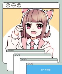 1girl animal_ear_headphones animal_ears blunt_bangs blunt_ends bob_cut brown_hair cat_ear_headphones character_name collared_shirt commentary_request diagonal-striped_clothes diagonal-striped_necktie dress_shirt fake_animal_ears hand_up headphones highres hood hooded_jacket ikizulive!_love_live!_bluebird jacket kanduki_kamibukuro long_sleeves looking_at_viewer love_live! necktie open_clothes open_jacket pink_eyes pink_necktie sasaki_shion school_uniform shirt short_hair solo striped_clothes white_shirt window_(computing)