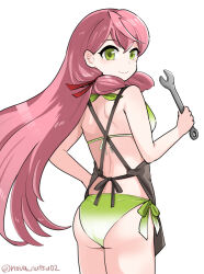 1girl akashi_(kancolle) akashi_(swimsuit)_(kancolle) apron ass bikini blunt_tresses brown_apron from_behind gradient_bikini green_bikini green_eyes hair_ribbon hand_on_own_hip holding holding_wrench kantai_collection long_hair looking_at_viewer looking_back nearly_naked_apron noba_(ne83ko61) one-hour_drawing_challenge pink_hair ribbon side-tie_bikini_bottom solo swimsuit tress_ribbon wrench