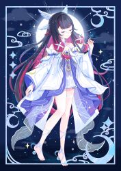 1girl barefoot black_hair closed_eyes closed_mouth collarbone columbina_(genshin_impact) dress feathered_wings full_moon genshin_impact hair_ornament highres long_hair long_sleeves moon multicolored_hair night night_sky no_headwear pink_hair sky smile solo two_side_up very_long_hair watermark white_dress white_mask wide_sleeves wings x_hair_ornament yutukicom