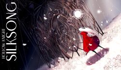 1girl black_skin cloak colored_skin commentary copyright_name english_commentary field flower flower_field highres hollow_eyes hollow_knight hollow_knight:_silksong horned_mask hornet_(hollow_knight) light_particles looking_up mask ne_lu needle_(hollow_knight) petals red_cloak shadow silk solo standing white_flower white_mask white_petals