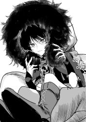 1boy absurdres armor boots closed_mouth coat fatui_coat feet foot_focus fur-trimmed_coat fur-trimmed_hood fur_trim genshin_impact highres hood hood_up hooded_coat japanese_armor kote lace-up_boots lapels light_blush looking_at_viewer male_focus mitsudomoe_(shape) monochrome n0ip1pqsidaedru open_clothes open_coat scaramouche_(genshin_impact) sitting solo tomoe_(symbol)