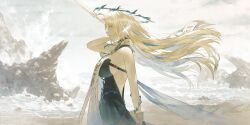 Rule 34 | 1girl, bare shoulders, black dress, blonde hair, blue hair, breasts, colored inner hair, commentary request, crown of thorns, dress, fagi (kakikaki), fleurdelys (wuthering waves), floating hair, from side, horns, large breasts, long hair, long horns, multicolored hair, ocean, outdoors, partial commentary, pointy ears, shore, sidelocks, single horn, solo, tabard, waves, white tabard, wind, wuthering waves, yellow horns