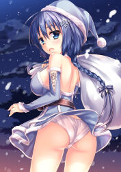 1girl ass backless_dress backless_outfit bare_back bare_shoulders bell belt blue_dress blue_eyes blue_hair blue_hat blush bow braid breasts christmas clothes_lift cloud commentary_request detached_sleeves dress dress_lift from_behind fur-trimmed_sleeves fur_trim gift_bag hair_bell hair_between_eyes hair_bow hair_ornament halter_dress halterneck hat kmcgold30 long_braid long_hair looking_at_viewer looking_back medium_breasts mole mole_under_eye night night_sky panties pantyshot photoshop_(medium) revision setouchi_chie single_braid sky snow snowflake_hair_ornament snowing standing toji_no_miko underwear wind wind_lift