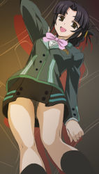 00s asura_cryin&#039; black_hair blazer bow chiyohara_haruna from_below hair_up haruyama_kazunori jacket kneehighs panties school_uniform smile socks solo underwear upskirt