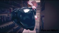 1girl 3d animated artist_name ass ass_clapping ass_shake bent_over black_bodysuit bodysuit boku_no_hero_academia bookshelf bouncing_ass curvy female_focus from_behind highres huge_ass indoors jiggle looking_at_viewer looking_back multicolored_bodysuit pink_bodysuit skin_tight solo tagme thick_thighs thighs twerking uraraka_ochako uraraka_ochako_(hero_outfit) video watermark web_address white_bodysuit wide_hips wily27