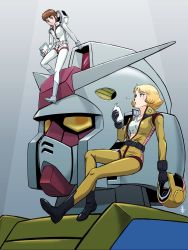 1boy 1girl amuro_ray aobito_sukoyaka_bystander black_gloves blonde_hair blue_eyes book brown_eyes brown_hair floating gloves grey_gloves gundam hair_behind_ear helmet highres holding holding_book holding_helmet looking_up mecha mecha_pilot_suit mobile_suit mobile_suit_gundam normal_suit_(gundam) pilot_suit robot rx-78-2_gundam sayla_mass short_hair smile unworn_headwear unworn_helmet v-fin zero_gravity