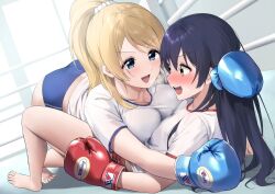Rule 34 | 2girls, ayase eli, blonde hair, blue eyes, blue gloves, blue hair, blue shorts, blush, boxing, boxing gloves, boxing ring, boxing shorts, breast press, breath, gloves, high ponytail, highres, holding another&#039;s hair, long hair, love live!, love live! school idol project, lying on person, multiple girls, nanatsu no umi, open mouth, ponytail, red gloves, red shorts, shorts, sonoda umi, sweat, yellow eyes