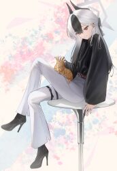 1girl animal belt black_hair black_horns black_shirt black_shoes blue_archive casual cat closed_mouth commentary_request demon_horns ear_piercing furrowed_brow grey_hair hair_between_eyes hair_down halo high_heels highres horns kayoko_(blue_archive) long_hair long_sleeves looking_at_viewer pants petting piercing red_eyes sdrangers shirt shoes sitting solo thigh_belt thigh_strap white_pants