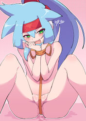 1girl absurdres ashe_(mega_man) blue_hair blush bound buzzlyears completely_nude green_eyes high_ponytail highres long_hair mega_man_(series) mega_man_zx mega_man_zx_advent nude pink_background ponytail pussy_juice restrained simple_background solo tied_up_(nonsexual)
