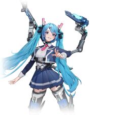 1girl black_bow blue_eyes blue_hair blue_jacket blue_skirt bow collared_shirt cyborg extra_arms gun hair_ornament hairclip hikari_(starward) jacket long_hair long_sleeves looking_at_viewer mecha_musume mechanical_arms mechanical_legs mechanical_tail necktie official_art open_clothes open_jacket parted_lips pink_necktie pleated_skirt prosthesis school_uniform science_fiction shirt single_mechanical_arm skirt smile solo starward tail thighhighs transparent_background twintails very_long_hair weapon white_shirt