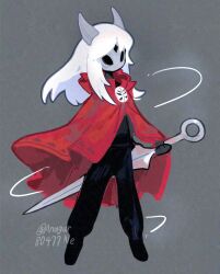 1other absurdres artist_name black_pants cape copyright_request dingchu_xing full_body grey_background highres holding holding_weapon hollow_eyes hollow_knight hornet_(hollow_knight) horns long_hair pants red_cape simple_background solo standing weapon white_hair