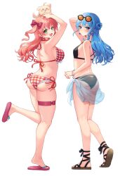 2girls ahoge arms_up ass bikini black_bikini blue_eyes blue_hair blush bow breasts closed_mouth dog earrings eyewear_on_head flip-flops green_eyes hair_between_eyes hair_bow hair_ornament highres hololive hoshimachi_suisei jewelry large_breasts long_hair looking_at_viewer multiple_girls open_mouth pink_hair plaid_bikini plaid_clothes red_bikini sakura_miko sandals sideboob simple_background small_breasts smile star_(symbol) sunglasses swimsuit unkai_amane virtual_youtuber white_background white_bikini