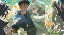 Rule 34 | 2boys, absurdres, bags under eyes, black eyes, black hair, blue eyes, blush, curly hair, dancing, dark-skinned male, dark skin, dungeon meshi, elf, falling leaves, grey hair, highres, holding hands, kabru, lazy eye, leaf, long sleeves, looking at another, male focus, maratang, mithrun, multiple boys, notched ear, open mouth, pointy ears, shirt, short hair, smile, uneven eyes, wavy hair