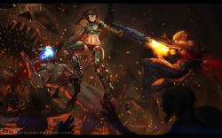 1girl battle blood blood_splatter blue_eyes boots brooke_(mleth) brown_hair cosplay death decapitation doom_(2016) doom_(series) doomguy dual_wielding firing gun handgun headshot hell hell_knight highres holding imp_(doom) md5_mismatch midriff mleth muzzle_flash navel original panties pistol ponytail resolution_mismatch shotgun source_smaller space_marine standing_on_person striped_clothes striped_panties teeth the_possessed thighhighs underwear weapon