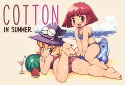 2girls ass beach bikini bite_mark blonde_hair blue_bikini bob_cut character_name cloud cocktail cocktail_glass cotton_(character) cotton_(game) cup drink drinking_glass drinking_straw feet food foot_up from_behind fruit full_body hand_on_own_face hands_between_legs hat inflatable_toy lemon looking_at_viewer lying multiple_girls needle_(cotton) ocean one-piece_swimsuit open_mouth pumpkin_(cotton) red_eyes red_hair red_one-piece_swimsuit sand short_hair sitting smile success summer sweat swimsuit toy watermelon yellow_eyes yu_3