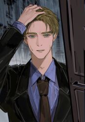 1boy absurdres axis_powers_hetalia blonde_hair collared_shirt door eiffel_tower green_eyes highres jacket long_sleeves looking_at_viewer male_focus necktie parted_lips rain shirt short_hair solo thick_eyebrows united_kingdom_(hetalia) wanlaijuji132 wet wet_hair