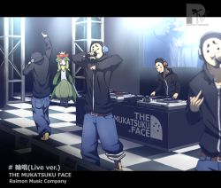 1girl 4boys anger_vein bad_id bad_pixiv_id brand_name_imitation dj english_text gen_5_pokemon headphones hood hoodie lead_pipe lilligant microphone mtv multiple_boys nikawa_99-do nintendo parody personification pokemon pokemon_(creature) pokemon_bw realistic stage the_north_face tympole weapon