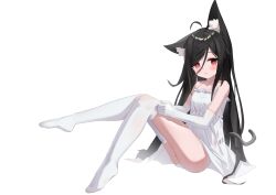 1girl absurdres ahoge animal_ears black_ears black_hair black_tail dress elbow_gloves eyes_visible_through_hair fengxue fox_ears gloves hair_between_eyes highres light_blush long_hair original panties red_eyes see-through_clothes simple_background sitting smile solo tail thighhighs underwear white_dress white_gloves white_thighhighs