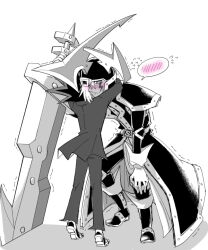 Rule 34 | 2boys, blush, duel monster, fake horns, flying sweatdrops, gloves, haku yui (shirayui255), helmet, horned helmet, horns, hug, multiple boys, muto yugi, one eye covered, planted, planted sword, planted weapon, silent swordsman, simple background, sword, weapon, white background, white gloves, yu-gi-oh!
