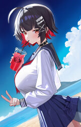 1girl absurdres ahoge beach black_hair blue_skirt blue_sky breasts cloud cup day drinking_straw drinking_straw_in_mouth ellen_joe fins fish_tail highres holding holding_cup large_breasts long_sleeves looking_at_viewer mole mole_under_eye multicolored_hair ocean outdoors pleated_skirt red_eyes red_hair school_uniform serafuku shark_girl shark_tail short_hair skirt sky tail two-tone_hair v yueyueyue_yao zenless_zone_zero