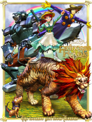 blue_eyes boots chainsaw copyright_name cowardly_lion dog dorothy_gale dress english_text fantasy gun handgun hat highres igunuk lion mecha monster mutant pet pistol princess_royale rainbow red_hair robot scarecrow scarecrow_(the_wizard_of_oz) science_fiction the_wizard_of_oz tin_man_(the_wizard_of_oz) toto toto_(the_wizard_of_oz) weapon
