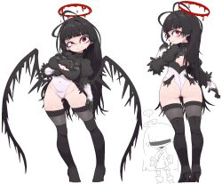 1girl 2b_(nier:automata) 2b_(nier:automata)_(cosplay) ass back_cutout black_boots black_hair black_thighhighs black_wings blood blood_halo blue_archive boots breasts cleavage cleavage_cutout clothing_cutout cosplay feather-trimmed_sleeves halo high_heel_boots high_heels large_breasts leotard liquid_halo long_hair multiple_views neamosub nier:automata nier_(series) red_eyes simple_background thigh_boots thighhighs thighhighs_under_boots thong_leotard tsurugi_(blue_archive) white_background white_leotard wings