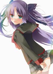 Rule 34 | 1girl, asahina yori, blue eyes, blush, bow, commentary, hair ribbon, highres, little busters!, little busters! school uniform, long hair, open mouth, pink bow, plaid clothes, plaid skirt, purple hair, ribbon, sasasegawa sasami, school uniform, skirt, solo, thighhighs, twintails, two side up, very long hair