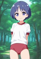 1girl bare_legs blue_eyes blue_hair blush buruma closed_mouth collarbone dot_nose feet_out_of_frame female_focus flat_chest gym_uniform johnko_ legs looking_at_viewer matsubara_aoi outdoors red_buruma short_hair short_sleeves smile solo standing to_heart to_heart_(series) tree
