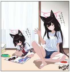 2girls absurdres alternate_costume animal_ear_fluff animal_ears barefoot black_hair black_socks blue_archive blue_sailor_collar blue_shorts blush fox_ears fox_girl grin highres holding holding_pencil indian_style looking_at_object looking_at_viewer melissa_v2 mother_and_daughter multiple_girls on_floor pencil red_eyes red_ribbon ribbon sailor_collar shirt shorts sitting smile socks waving_hands white_shirt yukino_(blue_archive)