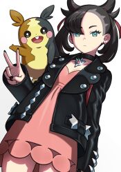 aqua_eyes asymmetrical_bangs bite_addict black_choker black_hair black_jacket black_nails choker dress earrings gen_8_pokemon hair_ribbon highres jacket jewelry looking_at_viewer marnie_(pokemon) medium_hair morpeko morpeko_(full) nail_polish nintendo open_clothes open_jacket pink_dress pokemon pokemon_swsh ribbon twintails v white_background