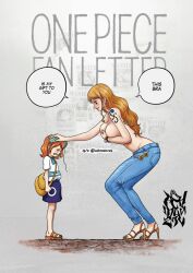 2girls achmunzav age_difference bra bra_lift breasts closed_eyes covering_breasts covering_privates crying denim highres huge_breasts jeans long_hair multiple_girls nami&#039;s_fangirl nami_(one_piece) nami_(one_piece)_(return_to_sabaody) one_piece one_piece_fan_letter onee-loli orange_hair pants reference_inset topless_female underwear unworn_bikini_top