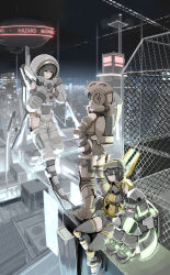 4girls armor ass black_hair blue_eyes boots building chain-link_fence city city_lights cityscape commentary_request fence genek gloves glowing hand_on_own_hip helmet highres hip_vent medium_hair multiple_girls night original outdoors rooftop scenery science_fiction shoes single_thighhigh sitting sky skyline spacesuit standing thighhighs urban wide_shot