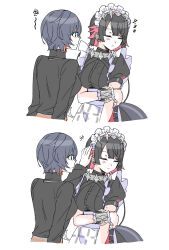 Rule 34 | 2girls, belle (zenless zone zero), black dress, black hair, black shirt, blue hair, closed eyes, closed mouth, colored inner hair, commentary request, dress, earrings, ellen joe, hand on another&#039;s head, highres, jewelry, long sleeves, looking at another, maid headdress, multicolored hair, multiple girls, pink hair, shirt, short hair, sierit, simple background, white background, zenless zone zero