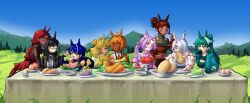 6+girls absurdres animal_ears apple aqua_hair bandaid bandaid_on_cheek bandaid_on_face black_hair blonde_hair blue_hair blue_sky blush bread brown_hair bullet&#039;n_board carrot comely_material_morning cyan_(horse_race_tests) dark-skinned_female dark_skin day door_knob_(horse_race_tests) double_bun downtown_skybox eating fine_art_parody food fruit grapes hair_bun hair_over_one_eye hair_rings highres holding holding_food horse_ears horse_girl horse_race_tests horse_tail jovial_merryment lightning_strikes_thrice long_hair looking_at_another mountainous_horizon multiple_girls orange_hair outdoors parody pink_hair ponytail red_hair resolute_mind_afternoon short_hair sky superstitional_realism table tail tail_under_clothes tashvaliant the_last_supper tree white_hair