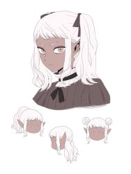 1boy alternate_hairstyle androgynous annoyed bad_id bad_twitter_id chibi closed_mouth dark-skinned_male dark_skin double_bun dungeon_meshi elf frills frs2 hair_bun hair_ribbon jitome long_hair looking_at_viewer male_focus multiple_views pointy_ears ponytail portrait profile puff_and_slash_sleeves puffy_sleeves ribbon sidelocks simple_background thistle_(dungeon_meshi) twintails two_side_up white_background white_hair