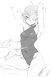 1girl 1other absurdres ahoge armpits arms_up bags_under_eyes black_leotard blush breasts deccatezu disembodied_hand highres leotard measuring monochrome original saya_(deccatezu) short_hair sleeveless_turtleneck_leotard small_breasts tape_measure wavy_mouth