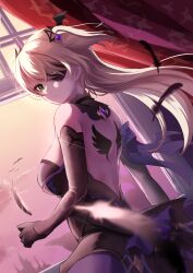 Rule 34 | 1girl, absurdres, bare shoulders, bat ornament, black feathers, blonde hair, breasts, brown sleeves, eyepatch, feathers, fischl (genshin impact), genshin impact, gloves, green eyes, hair over one eye, highres, long hair, looking at viewer, medium breasts, ribbon, sazanka, solo, sunlight, twilight, two side up