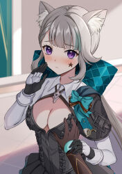 1girl animal_ears argyle black_capelet black_dress black_gloves blush bow breasts brown_gloves capelet cat_ears cat_girl cleavage cleavage_cutout clothing_cutout collared_dress dress facial_mark genshin_impact gloves grabbing_another&#039;s_breast grabbing_another&#039;s_breast green_bow green_skirt grey_hair groping guided_breast_grab guiding_hand harimoji highres layered_skirt long_hair looking_at_viewer lynette_(genshin_impact) medium_breasts ponytail purple_eyes sidelocks skirt solo_focus star_(symbol) star_facial_mark two-tone_gloves white_gloves white_sleeves