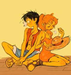 Rule 34 | 1boy, 1girl, bangle, bare legs, bare shoulders, black hair, blue shorts, bracelet, breasts, bug, butterfly, butterfly on nose, closed eyes, closed mouth, collarbone, cross scar, dress, full body, fur-trimmed shorts, fur trim, hat, high ponytail, holding, holding needle, holding unworn clothes, holding unworn hat, indian style, insect, jewelry, long hair, medium breasts, monkey d. luffy, nami (one piece), needle, one piece, open clothes, open mouth, open vest, orange dress, orange hair, ponytail, puff of air, red vest, sandals, scar, scar on chest, sewing, sewing needle, short hair, shorts, sitting, spookeygoost, straw hat, unworn hat, unworn headwear, vest, wariza, yellow background