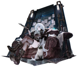 1girl absurdres ahoge animal black_boots black_gloves boots breasts broken_mirror cat closed_mouth clothing_cutout couch crossed_legs elbow_rest fingerless_gloves full_body gloves grey_eyes highres holding holding_weapon jacket lace-up_boots long_hair looking_at_viewer medium_breasts mirror on_couch original siamese_cat sitting solo table thighhighs thighs underboob underboob_cutout very_long_hair weapon white_background white_hair window_blinds youngmoon_99