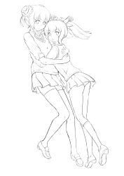 2girls :o absurdres acfun acfun_girl arms_around_waist bun_cover collared_shirt double_bun from_side full_body greyscale hair_bun hair_ornament hands_on_another&#039;s_back highres hug lineart loafers looking_at_viewer miniskirt monochrome multiple_girls mutual_hug necktie panties pantyshot pleated_skirt reed_girl school_uniform shirt shoes short_hair skirt sleeves_pushed_up socks sweater_vest thighhighs twintails underwear white_background yunshi_tiankeng
