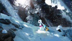 Rule 34 | absurdres, colored sclera, doorwood, from side, froslass, gen 3 pokemon, gen 4 pokemon, gen 8 pokemon, highres, nintendo, no humans, outdoors, pine tree, pokemon, pokemon (creature), scenery, snom, snorunt, snow, snowing, sunlight, tree, wide shot, winter, yellow sclera