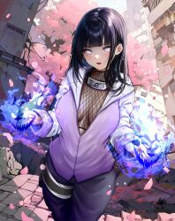 1girl absurdres bicio black_hair black_pants blunt_bangs breasts byakugan cherry_blossoms commentary cowboy_shot energy english_commentary falling_petals fishnet_top fishnets forehead_protector highres hime_cut holster hyuuga_hinata incredibly_absurdres jacket konohagakure_symbol large_breasts long_hair looking_at_viewer naruto_(series) naruto_shippuuden paid_reward_available pants parted_lips petals purple_jacket rubble solo spanish_commentary tears thigh_holster tree white_eyes