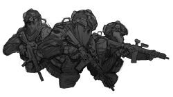 3others absurdres assault_rifle bulletproof_vest call_of_duty combat_helmet commentary cropped_torso english_commentary gloves greyscale gun helmet highres holding holding_gun holding_weapon looking_afar mask military military_combat_uniform military_operator military_uniform monochrome multiple_others patch peinlike rifle shoulder_patch simple_background sketch submachine_gun suppressor tactical_clothes trigger_discipline weapon weapon_request white_background