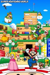 3boys 3girls 6+others absurdres apple block_(object) blonde_hair blue_eyes blue_toad_(mario) bob-omb bowser_jr. breasts brick brown_hair bullet_bill coin crown day dinosaur dress earrings facial_hair flagpole flower_earrings flying food fruit full_body gloves gold_coin goomba grin hand_up hat high_heels highres jewelry jumping key koopa_clown_car koopa_paratroopa koopa_shell koopa_troopa lakitu looking_at_viewer luigi mario mario_(series) mountain multiple_boys multiple_girls multiple_others mustache new_super_mario_bros._u_deluxe nintendo nintendo_world open_mouth orange_dress pink_dress piranha_plant plant princess_daisy princess_peach rukisan_1117 smile smoking_pipe spiny super_mario_3d_world super_mario_bros._1 super_mario_bros._3 super_mario_run super_mario_world super_mushroom super_nintendo_world tail thwomp toad_(mario) toadette walking wings yoshi