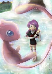 1girl 1other absurdres artist_name black_dress blush boots breasts curvy dress earrings elbow_gloves eye_contact floating full_body gen_1_pokemon gloves green_eyes highres jessie_(pokemon) jewelry legendary_pokemon long_hair looking_at_another medium_breasts mew_(pokemon) miyamoto_(pokemon) mocha_fushigi mokafushigi mythical_pokemon nintendo outdoors pale_skin photo_(object) pigeon-toed pointing pokemon pokemon_(anime) pokemon_(classic_anime) pokemon_(creature) purple_hair short_dress snowflakes sphere_earrings standing team_rocket team_rocket_uniform thigh_boots thighhighs white_footwear white_gloves zettai_ryouiki